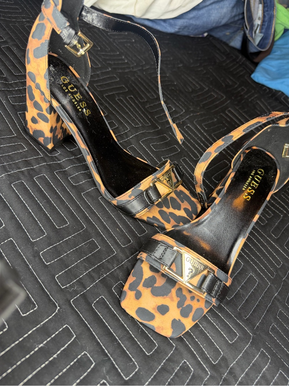 GUESS Leopard-Print Block Heel Sandals with Black Straps